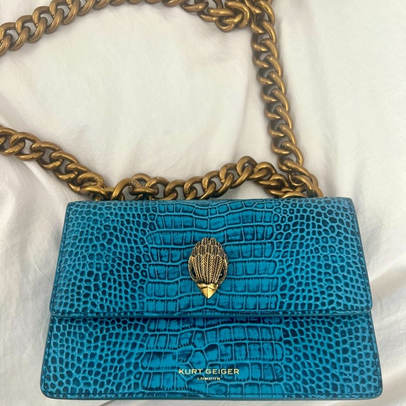 Kurt Geiger Shoreditch Croc Blue Leather Azure Gold Chain Crossbody Small Bag - Picture 6 of 6